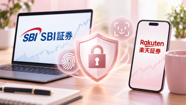 SBI証券と楽天証券のロゴと、スマートフォンのパスキー認証（生体認証）で口座乗っ取りを防ぐセキュリティイメージ