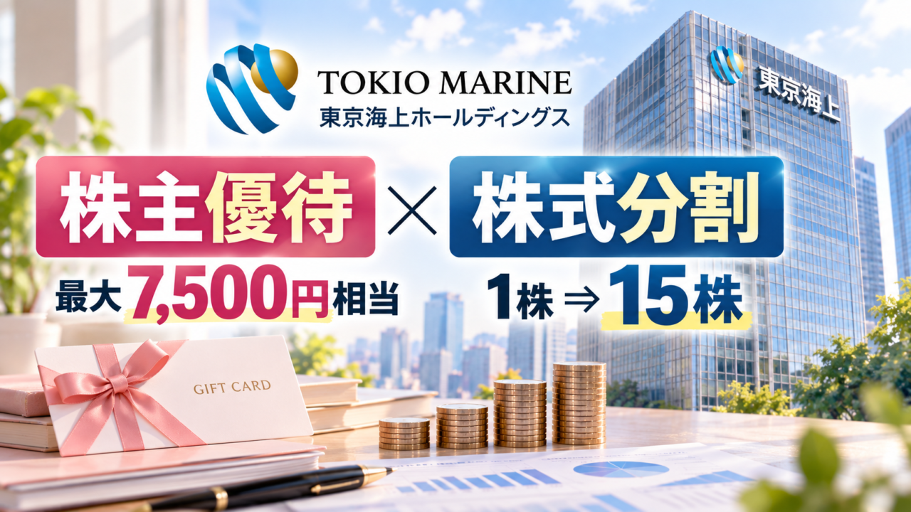 東京海上ホールディングスの株主優待新設と1:15株式分割の解説アイキャッチ画像